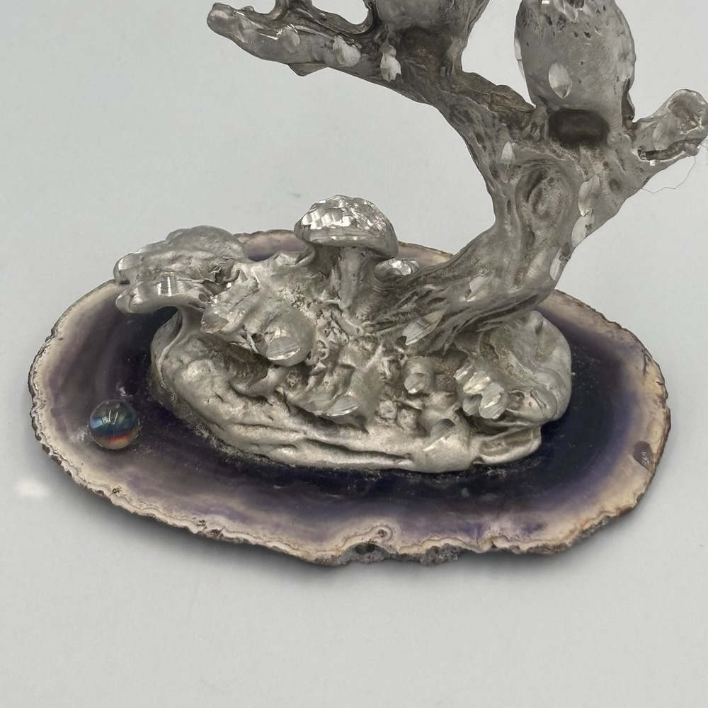 Vintage Pewter Owls On Branch with Mushrooms Figure on Purple Agate - Picture 7 of 16